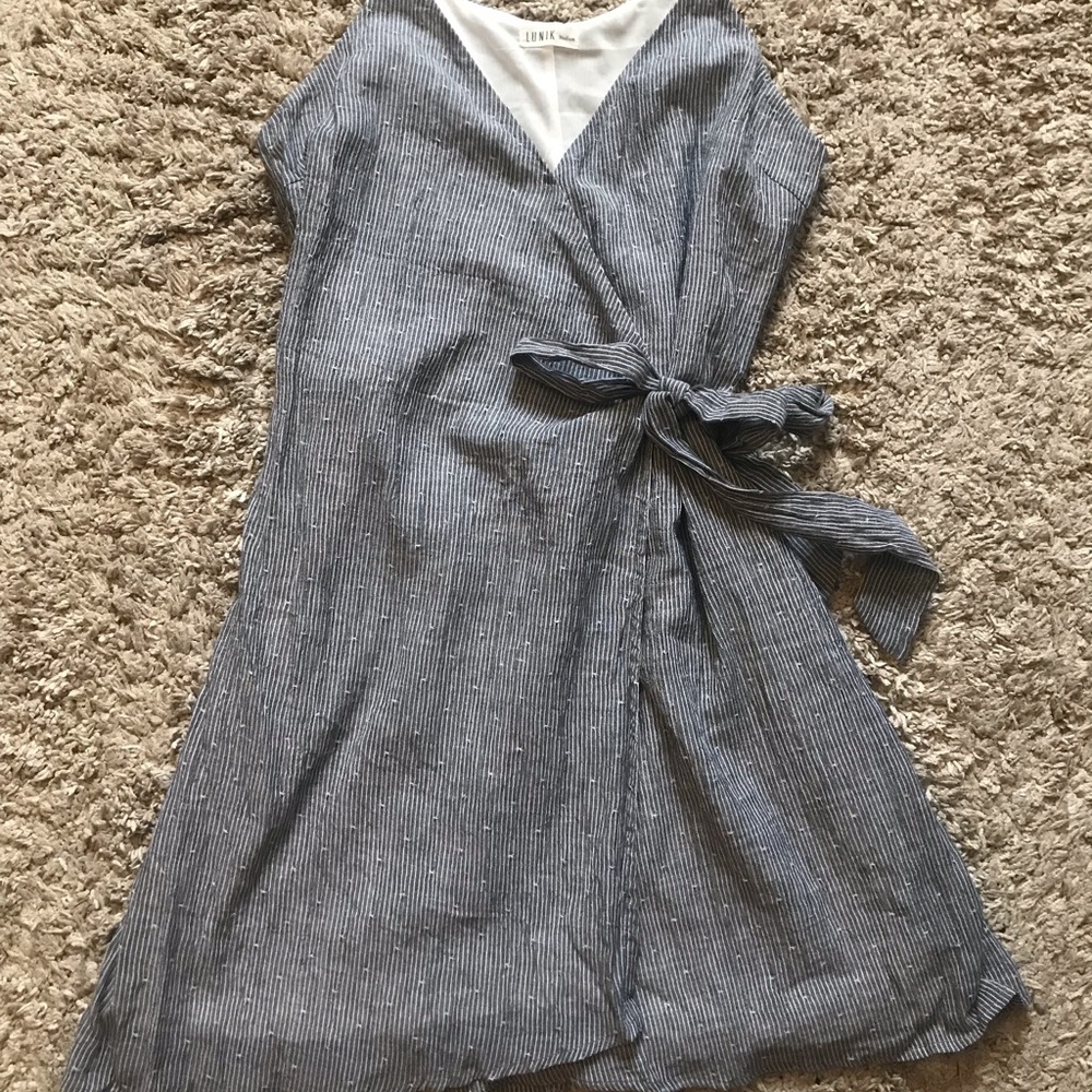 Gray and white striped linen wrap dress